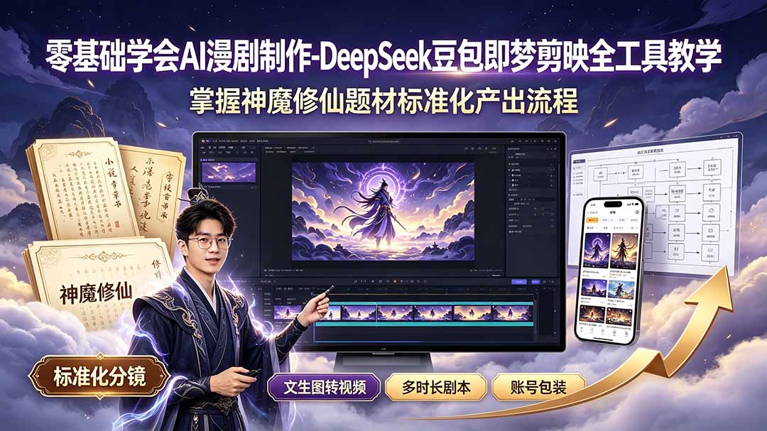 零基础学会AI漫剧制作-DeepSeek豆包即梦剪映全工具教学，掌握神魔修仙题材标准化产出流程-鑫梵淘