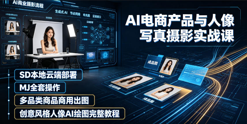 AI电商产品与人像写真摄影实战课｜SD本地云端部署、MJ全套操作、多品类商品商用出图、创意风格人像AI绘图完整教程-鑫梵淘
