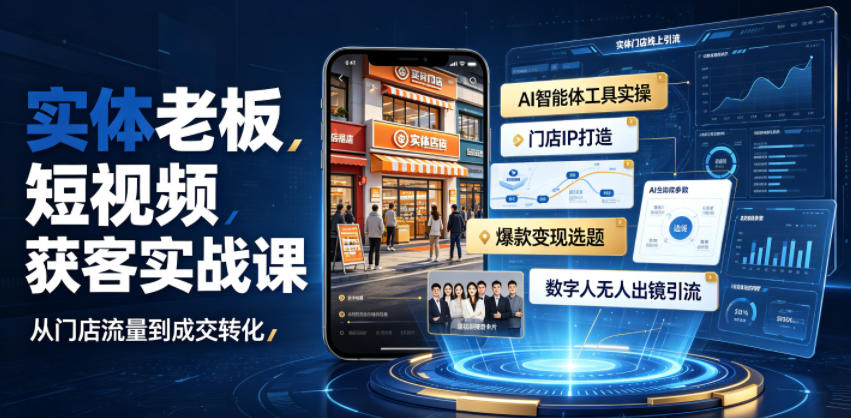 实体老板短视频获客实战课｜AI智能体工具全套实操、门店IP打造、爆款变现选题、数字人无人出镜引流完整教程-鑫梵淘