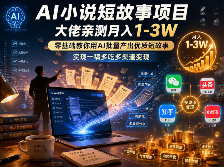AI小说短故事项目，大佬亲测月入1-3W，零基础教你用AI批量产出优质短故事，实现一稿多吃多渠道变现(更新0710)-鑫梵淘