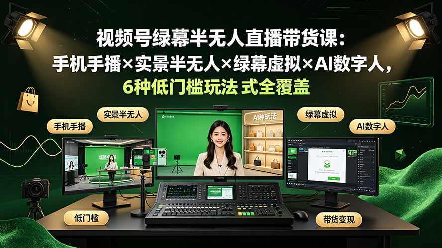视频号绿幕半无人直播带货课：手机手播×实景半无人×绿幕虚拟×AI数字人，6种低门槛玩法全覆盖-鑫梵淘