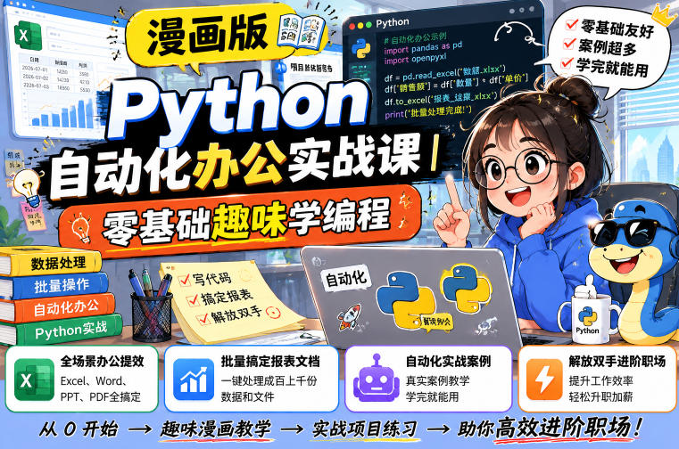 漫画版Python自动化办公实战课｜零基础趣味学编程，全场景办公提效、批量搞定报表文档、解放双手进阶职场-鑫梵淘