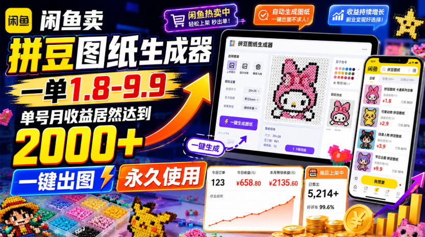 闲鱼卖拼豆图纸生成器，一单1.8-9.9，单号月收益居然达到2000+一键出图永久使用-鑫梵淘