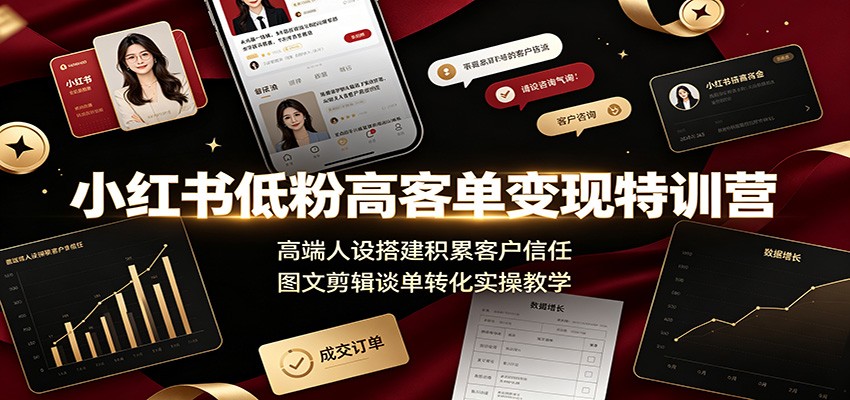 小红书低粉高客单变现特训营：高端人设搭建积累客户信任，图文剪辑谈单转化实操教学-鑫梵淘