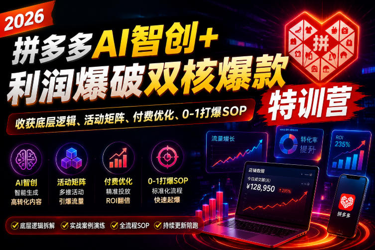 2026拼多多AI智创+利润爆破双核爆款特训营，收获底层逻辑、活动矩阵、付费优化、0-1打爆SOP-鑫梵淘