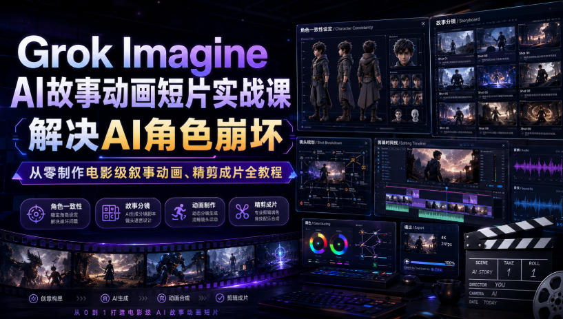 Grok Imagine AI故事动画短片实战课｜解决AI角色崩坏，从零制作电影级叙事动画、精剪成片全教程(中英字幕)-鑫梵淘