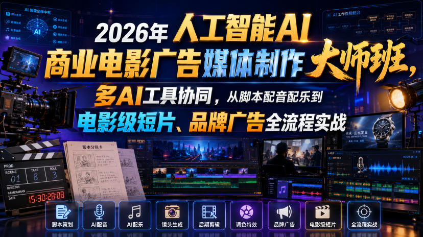 2026年人工智能AI商业电影广告媒体制作大师班，多AI工具协同，从脚本配音配乐到电影级短片、品牌广告全流程实战(中英字幕)-鑫梵淘