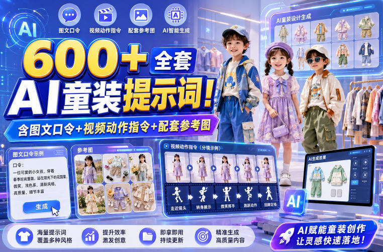 600+全套AI童装提示词！含图文口令+视频动作指令+配套参考图，Word-Excel规整分类，童装电商、种草无脑量产内容！-鑫梵淘