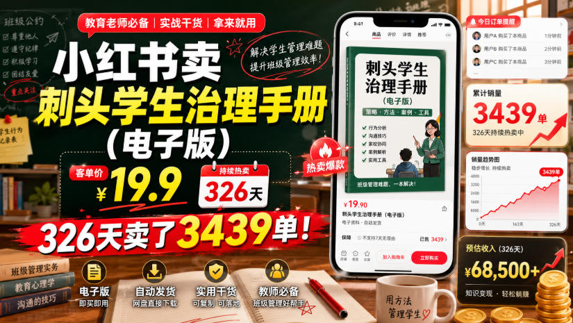 小红书卖刺头学生治理手册(电子版)，客单价19.9，326天卖了3439单！-鑫梵淘