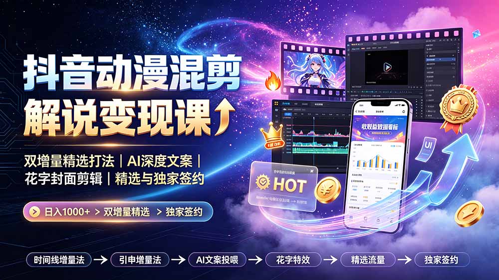 抖音动漫混剪解说变现课：双增量精选打法｜AI深度文案｜花字封面剪辑｜ 精选与独家签约日入1000+-鑫梵淘