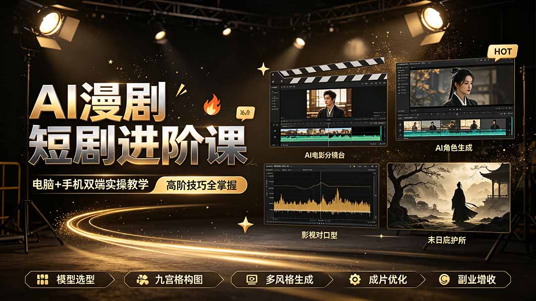 AI漫剧短剧进阶课｜电脑+手机双端实操教学｜影视剧对口型人物吃瓜×解压末日庇护所全程讲解，高阶技巧全掌握-鑫梵淘