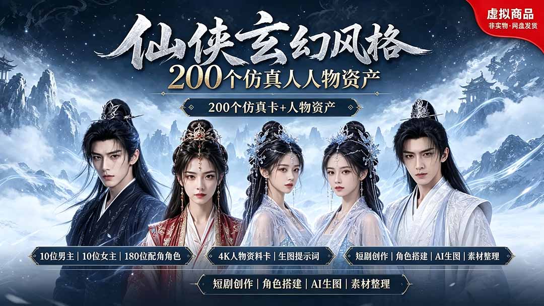 200个仙侠玄幻仿真人素材◆10男主×10女主×180配角，4K资料卡+AI生图提示词，漫剧必备-鑫梵淘