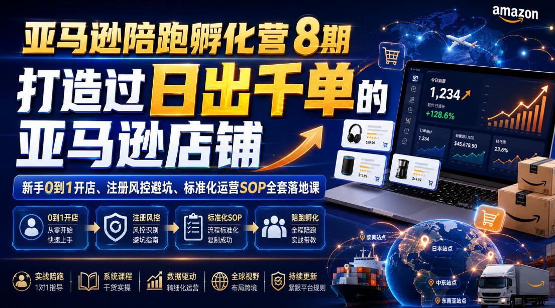 亚马逊陪跑孵化营8期，打造过日出千单的亚马逊店铺，新手0到1开店、注册风控避坑、标准化运营SOP全套落地课-鑫梵淘