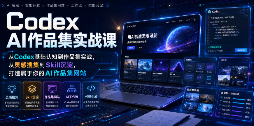 Codex AI作品集实战课，从Codex基础认知到作品集实战，从灵感搜集到Skill沉淀，打造属于你的AI作品集网站-鑫梵淘