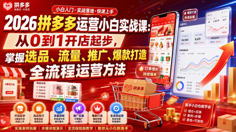 2026拼多多运营小白实战课：从0到1开店起步，掌握选品、流量、推广、爆款打造全流程运营方法-鑫梵淘