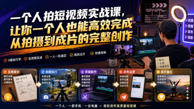 一个人拍短视频实战课，让你一个人也能高效完成从拍摄到成片的完整创作-鑫梵淘
