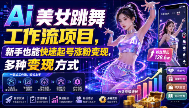 Ai美女跳舞工作流项目，新手也能快速起号涨粉变现，多种变现方式-鑫梵淘