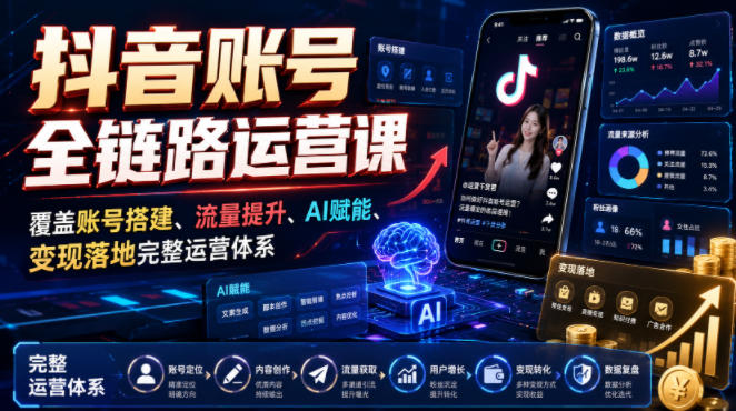 抖音账号全链路运营课，覆盖账号搭建、流量提升、AI赋能、变现落地完整运营体系-鑫梵淘
