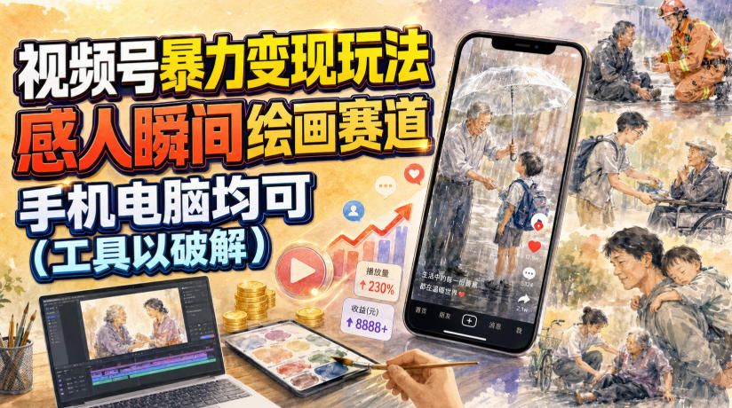 视频号暴力变现玩法，感人瞬间绘画赛道，手机电脑均可-鑫梵淘