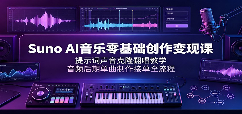 Suno AI音乐零基础创作变现课：提示词声音克隆翻唱教学，音频后期单曲制作接单全流程-鑫梵淘