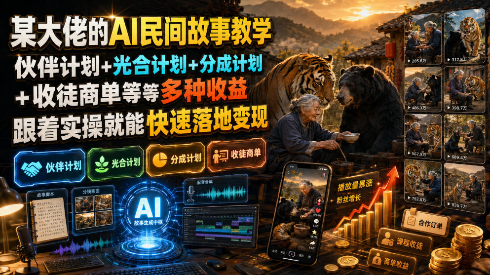 某大佬的AI民间故事教学，伙伴计划+光合计划+分成计划+收徒商单等多种收益，跟着实操就能快速落地变现-鑫梵淘