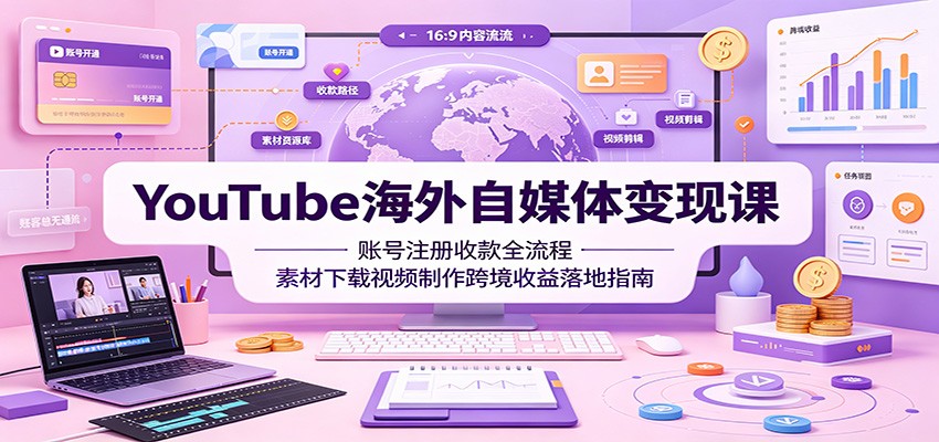 YouTube海外自媒体变现课：账号注册收款全流程，素材下载视频制作跨境收益落地指南-鑫梵淘