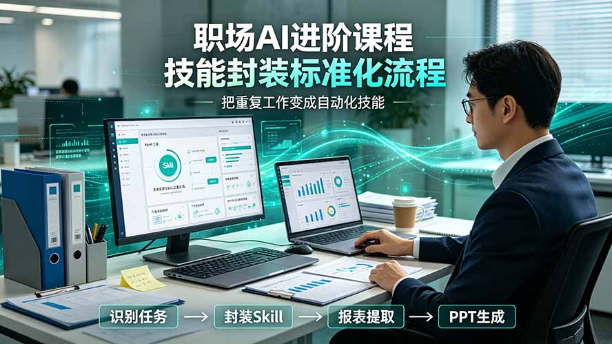 职场AI进阶课程；多类实用Skill工具实操，专属技能封装标准化流程，报表行业报告一键提取核心内容-鑫梵淘