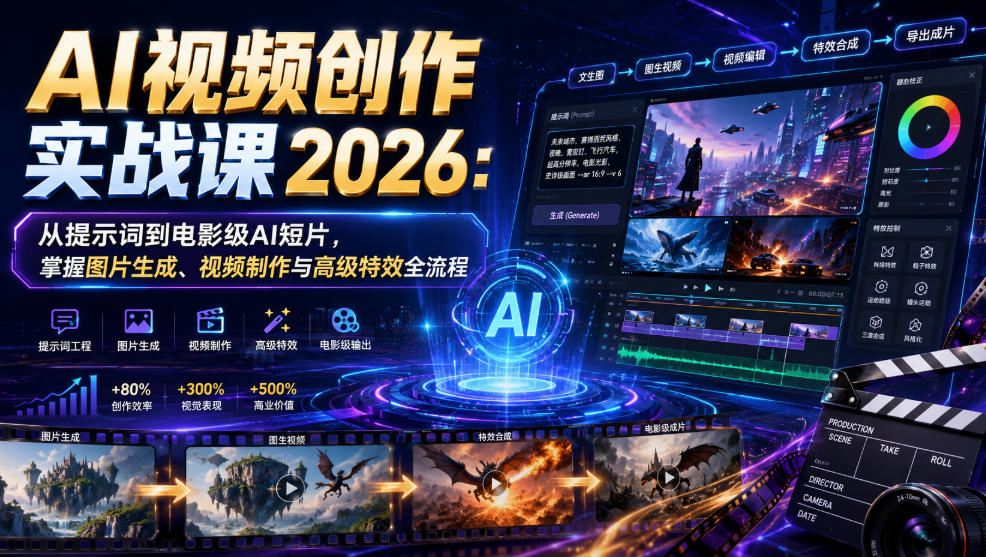 AI视频创作实战课2026：从提示词到电影级AI短片，掌握图片生成、视频制作与高级特效全流程-鑫梵淘