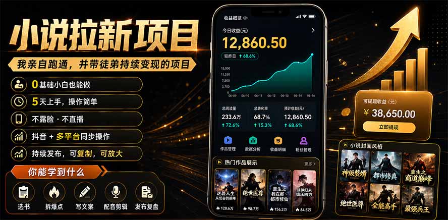 抖音及多平台小说拉新项目：我亲自跑通并持续带徒弟实操｜0基础小白5天上手快速变现-鑫梵淘