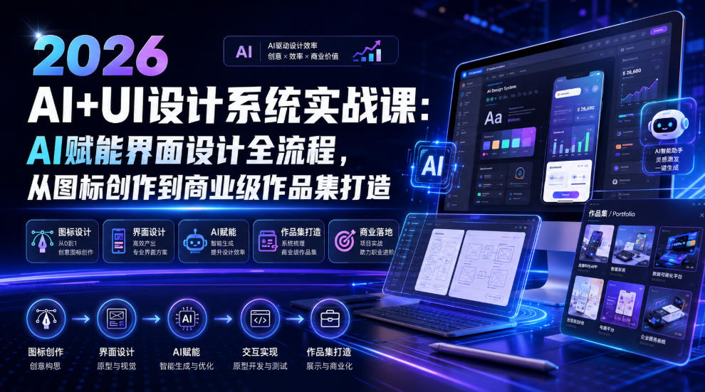 2026 AI+UI设计系统实战课：AI赋能界面设计全流程，从图标创作到商业级作品集打造-鑫梵淘