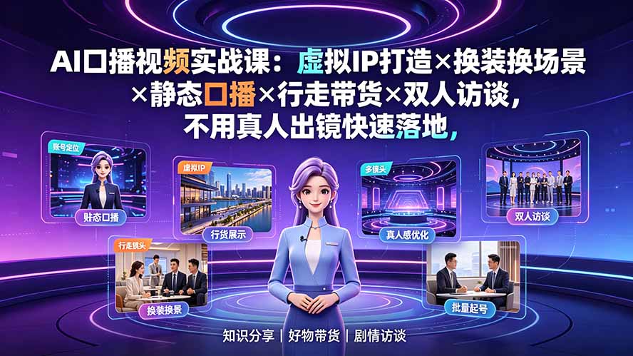AI口播视频实战课：虚拟IP打造×换装换场景×静态口播×行走带货×双人访谈，不用真人出镜快速落地-鑫梵淘