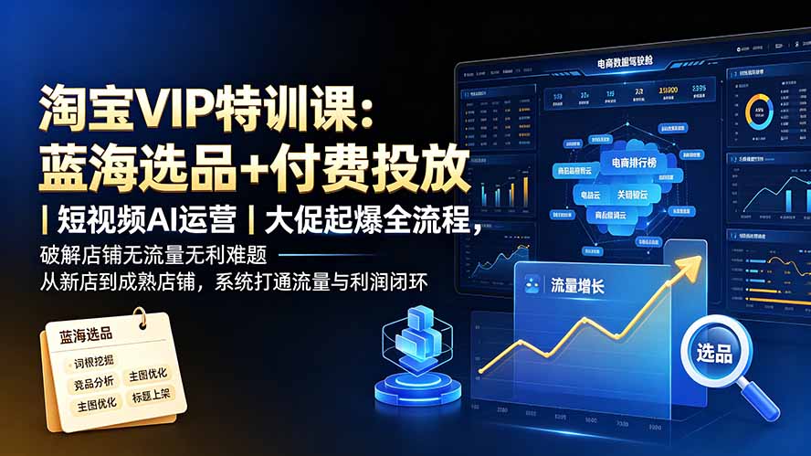 淘宝VIP特训课：蓝海选品+付费投放｜短视频AI运营｜大促起爆全流程，破解店铺无流量无利润难题-鑫梵淘