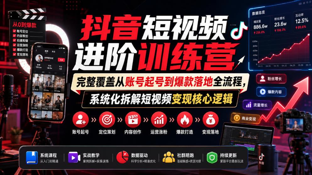 抖音短视频进阶训练营，完整覆盖从账号起号到爆款落地全流程，系统化拆解短视频变现核心逻辑-鑫梵淘