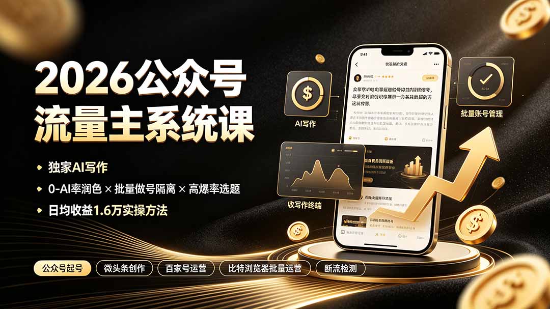 2026公众号流量主系统课：独家AI写作×0-AI率润色×批量做号隔离×高爆率选题，日均收益1.6万实操方法-鑫梵淘