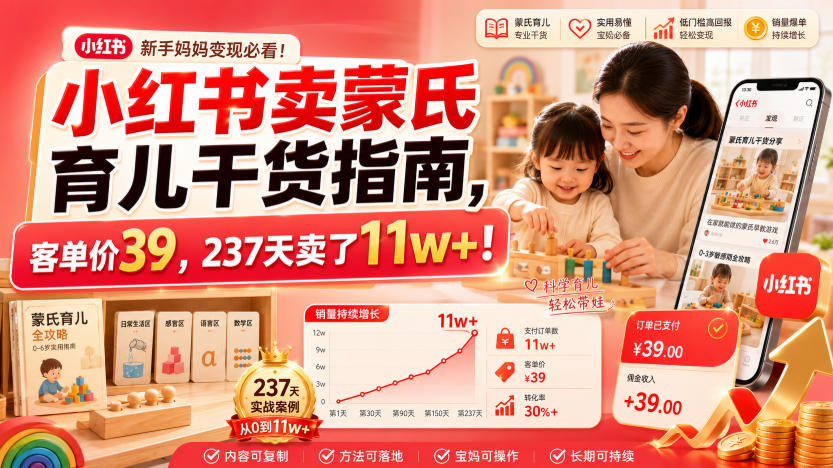 小红书卖蒙氏育儿干货指南，客单价39，237天卖了11w+！-鑫梵淘