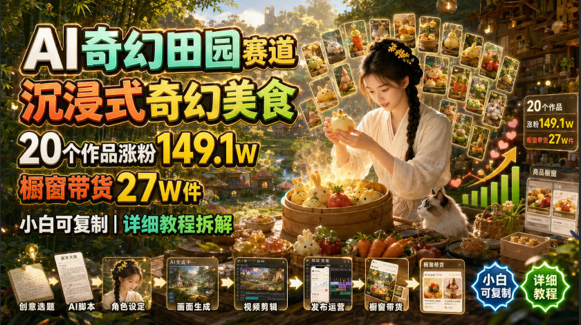 AI奇幻田园赛道，沉浸式奇幻美食，20个作品涨粉149.1W，橱窗带货27W件，小白可复制，详细教程拆解-鑫梵淘