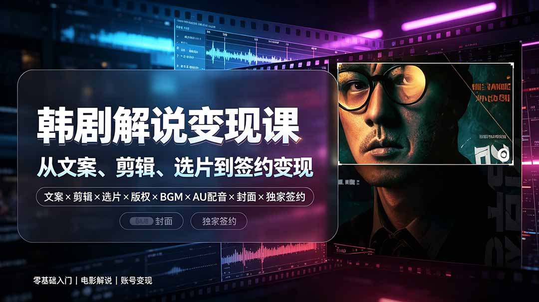 抖音270W粉丝博主亲授韩剧解说课：文案×剪辑×选片×版权×BGM×AU配音×封面×独家签约，零基础到变现-鑫梵淘