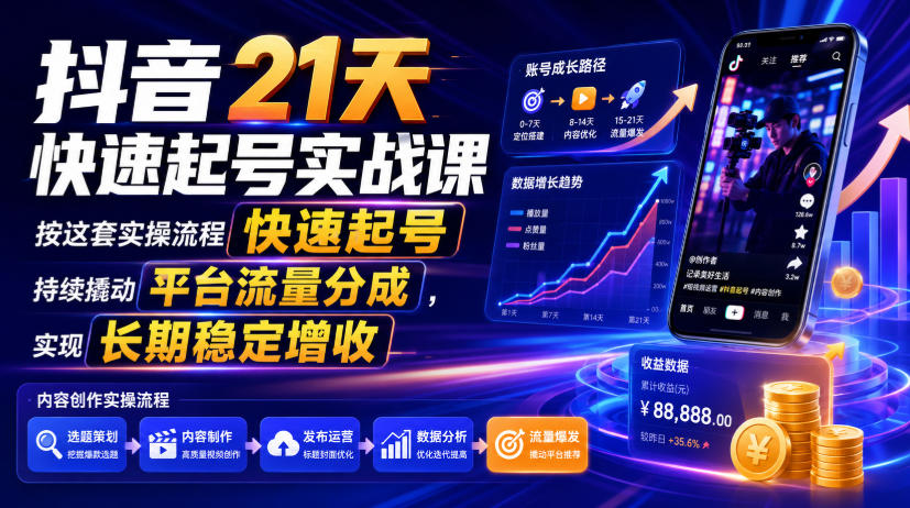抖音21天快速起号实战课，按这套实操流程快速起号，持续撬动平台流量分成，实现长期稳定增收-鑫梵淘
