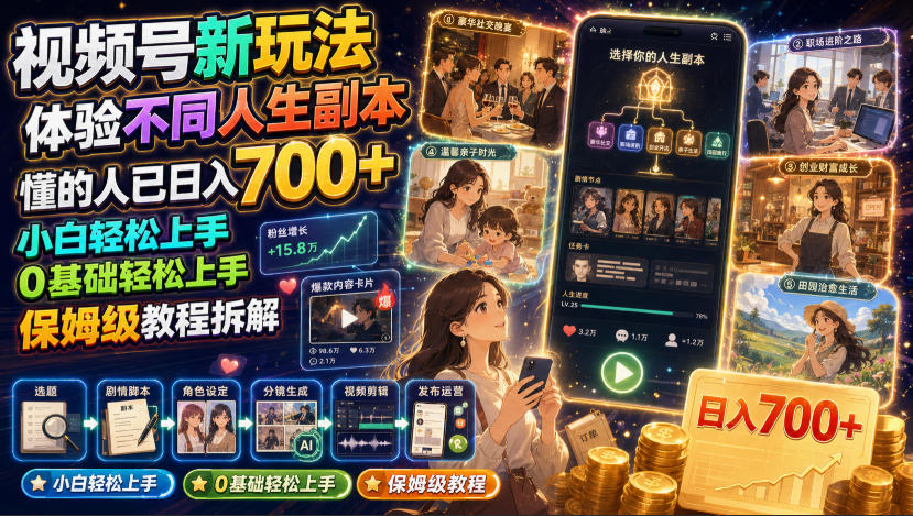 视频号新玩法体验不同人生副本，懂的人已日入700+，小白轻松上手，0基础轻松上手，保姆级教程拆解-鑫梵淘
