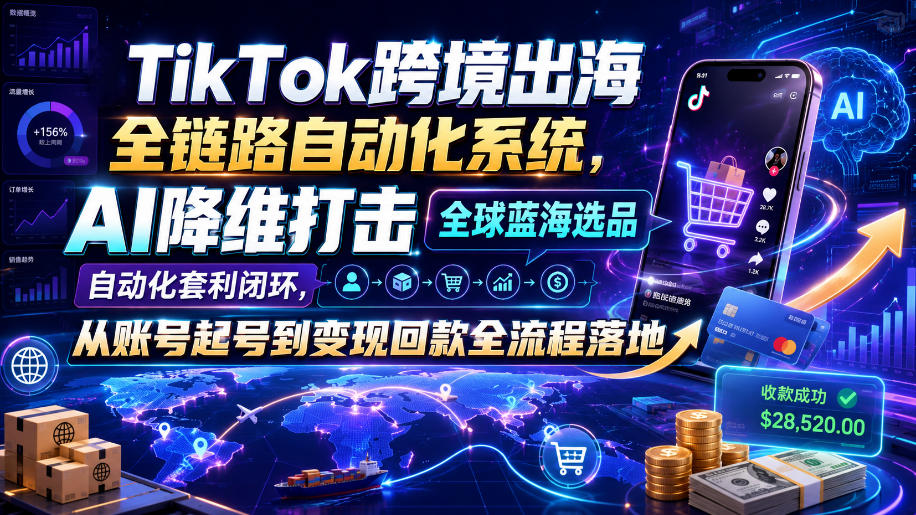 TikTok跨境出海全链路自动化系统，AI降维打击全球蓝海选品自动化套利闭环，从账号起号到变现回款全流程落地(2026年7月)-鑫梵淘