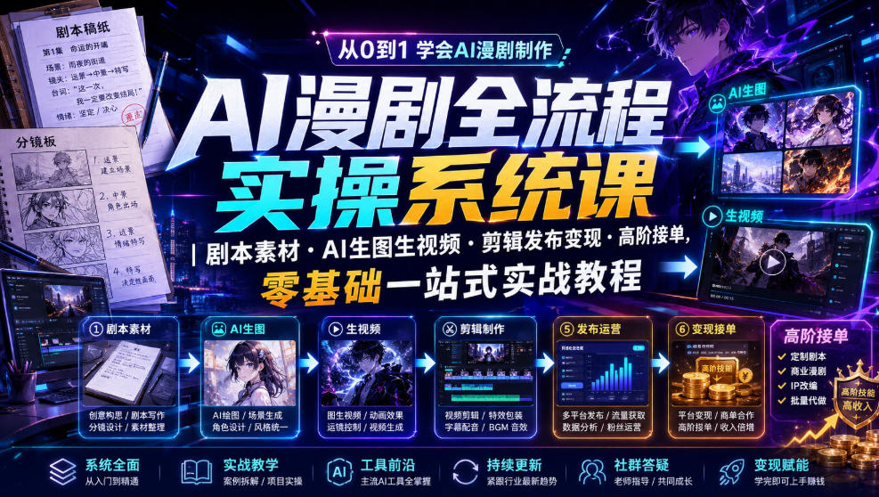 AI漫剧全流程实操系统课｜剧本素材・AI生图生视频・剪辑发布变现・高阶接单，零基础一站式实战教程-鑫梵淘