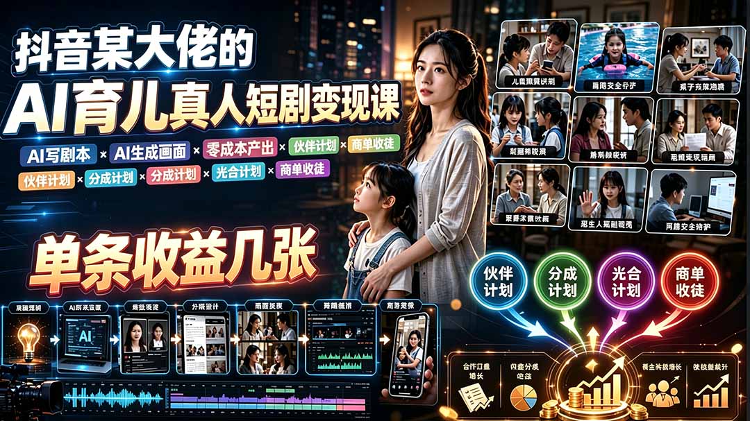 AI育儿真人短剧变现课：AI写剧本×AI生成画面×零成本产出×伙伴计划×分成计划×光合计划×商单收徒-鑫梵淘