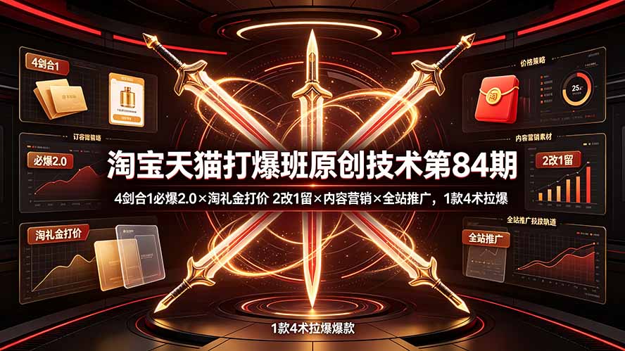 淘宝天猫打爆班原创技术第84期：4剑合1必爆2.0×淘礼金打价×2改1留×内容营销×全站推广，1款4术拉爆-鑫梵淘