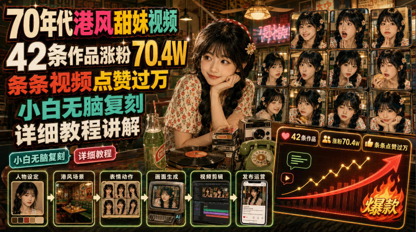 70年代港风甜妹视频，42条作品涨粉70.4W，条条视频点赞过万，小白无脑复刻，详细教程讲解-鑫梵淘