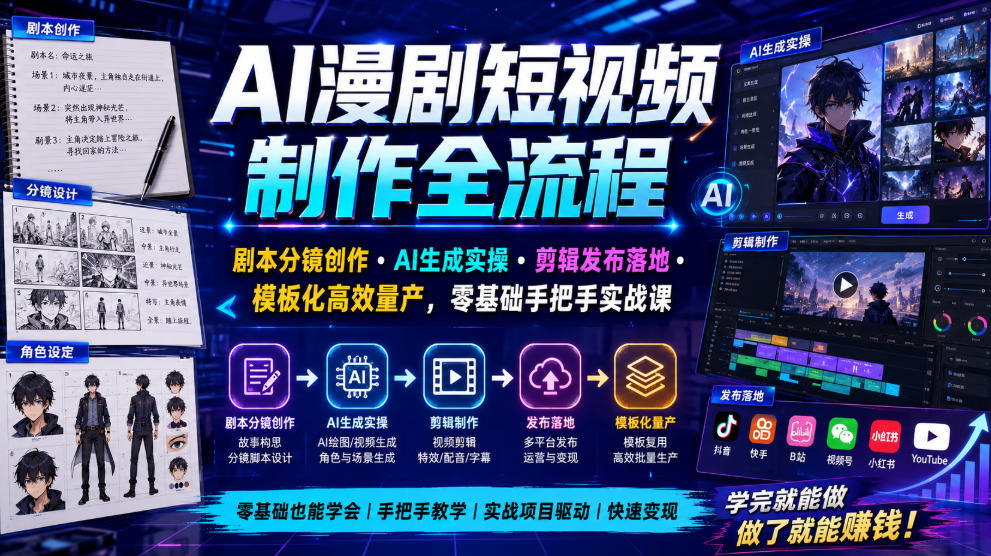 AI漫剧短视频制作全流程｜剧本分镜创作・AI生成实操・剪辑发布落地・模板化高效量产，零基础手把手实战课-鑫梵淘