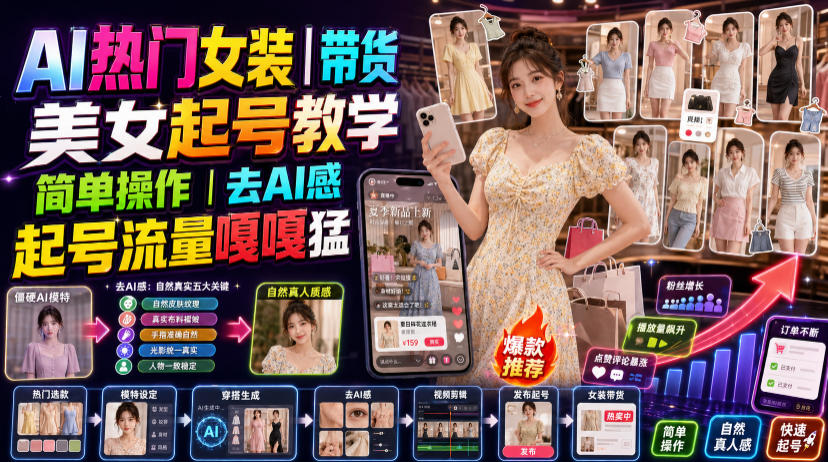 AI热门女装带货丨美女起号教学，简单操作，去AI感，起号流量嘎嘎猛-鑫梵淘