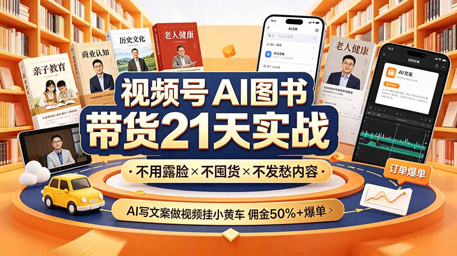 视频号AI图书带货21天实战：不用露脸×不囤货×不发愁内容，AI写文案做视频挂小黄车，佣金50%+爆单-鑫梵淘