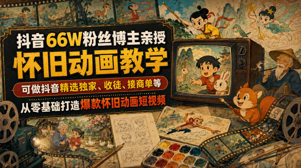 抖音66W粉丝博主亲授怀旧动画教学，可做抖音精选独家、收徒、接商单等，从零基础打造爆款怀旧动画短视频-鑫梵淘