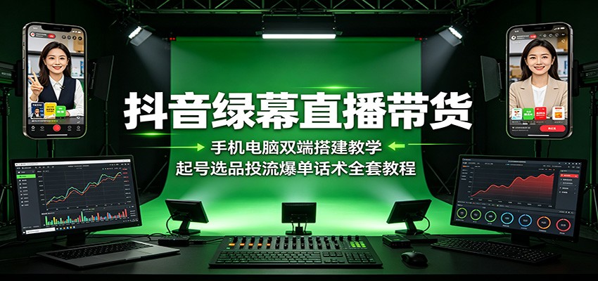 抖音绿幕直播带货：手机电脑双端搭建教学，起号选品投流爆单话术全套教程-鑫梵淘