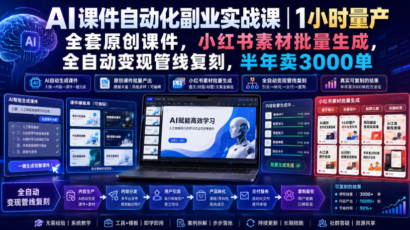 AI课件自动化副业实战课｜1小时量产全套原创课件，小红书素材批量生成，全自动变现管线复刻，半年卖3000单-鑫梵淘